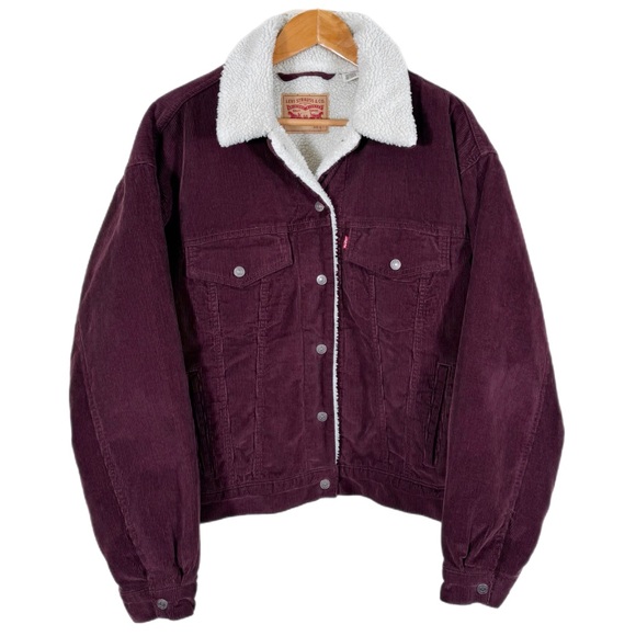 Levi’s Women’s Cozy 90’s Sherpa Lined Corduroy Trucker Jacket L Burgundy - Picture 1 of 12